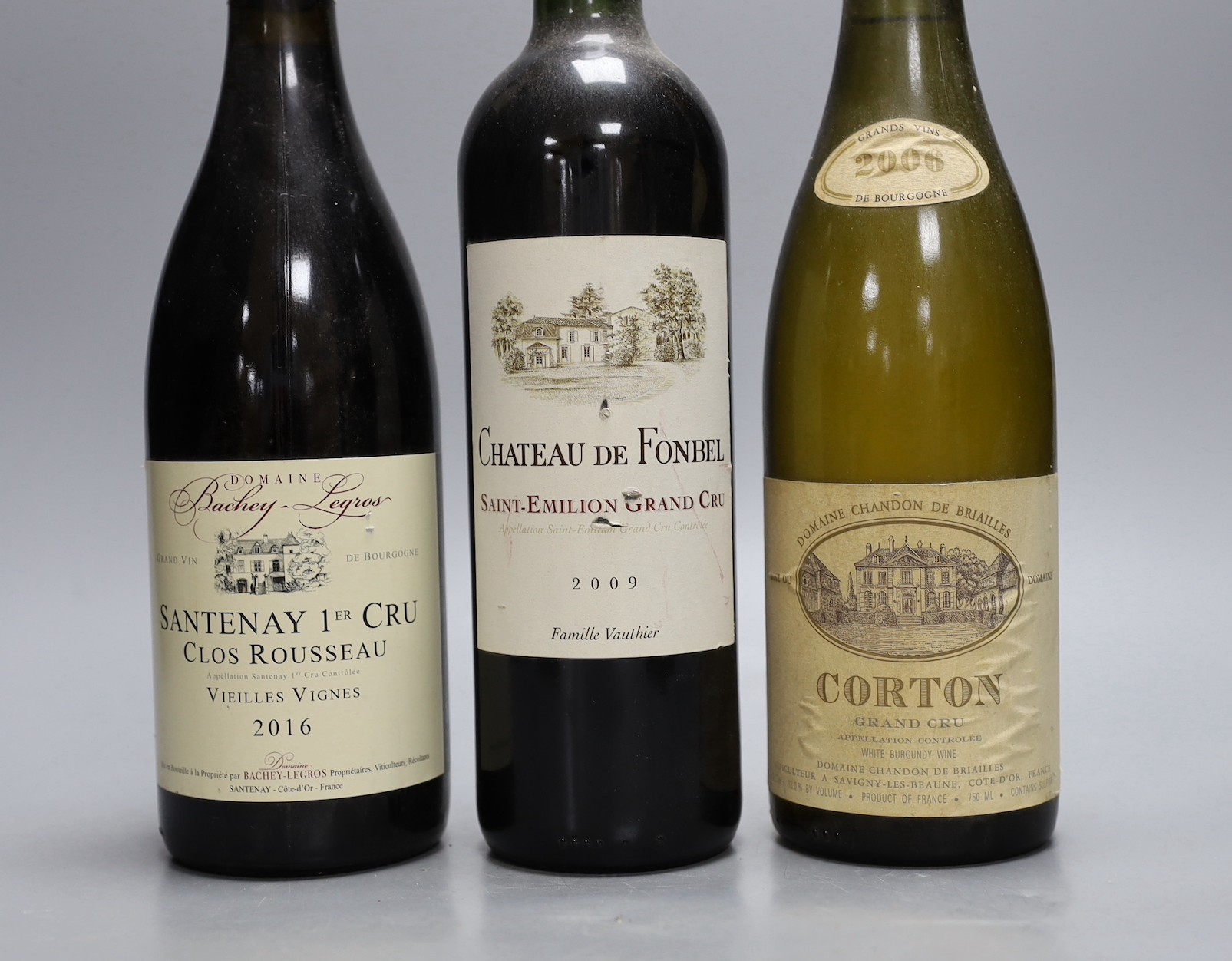 Six bottles of wine to include Bouchard Père & Fils Monthélie 2006, Chateau De Fonbel Saint Emilion Grand Cru 2009, E. Guigal Condrieu 2007, Houghton Jack Mann Cabernet Sauvignon 2015, Corton Grand Cru 2006 and Santenay